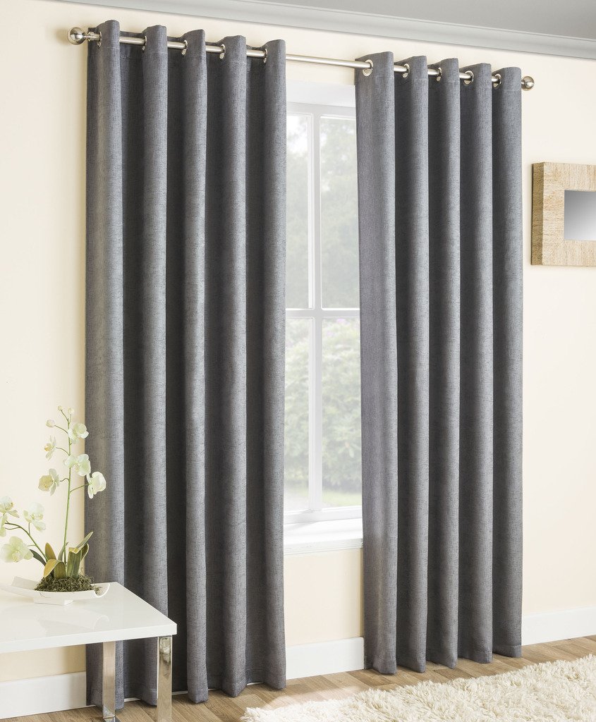 Grey Textured Thermal Blockout Eyelet Ring Top Curtains 46 X 90