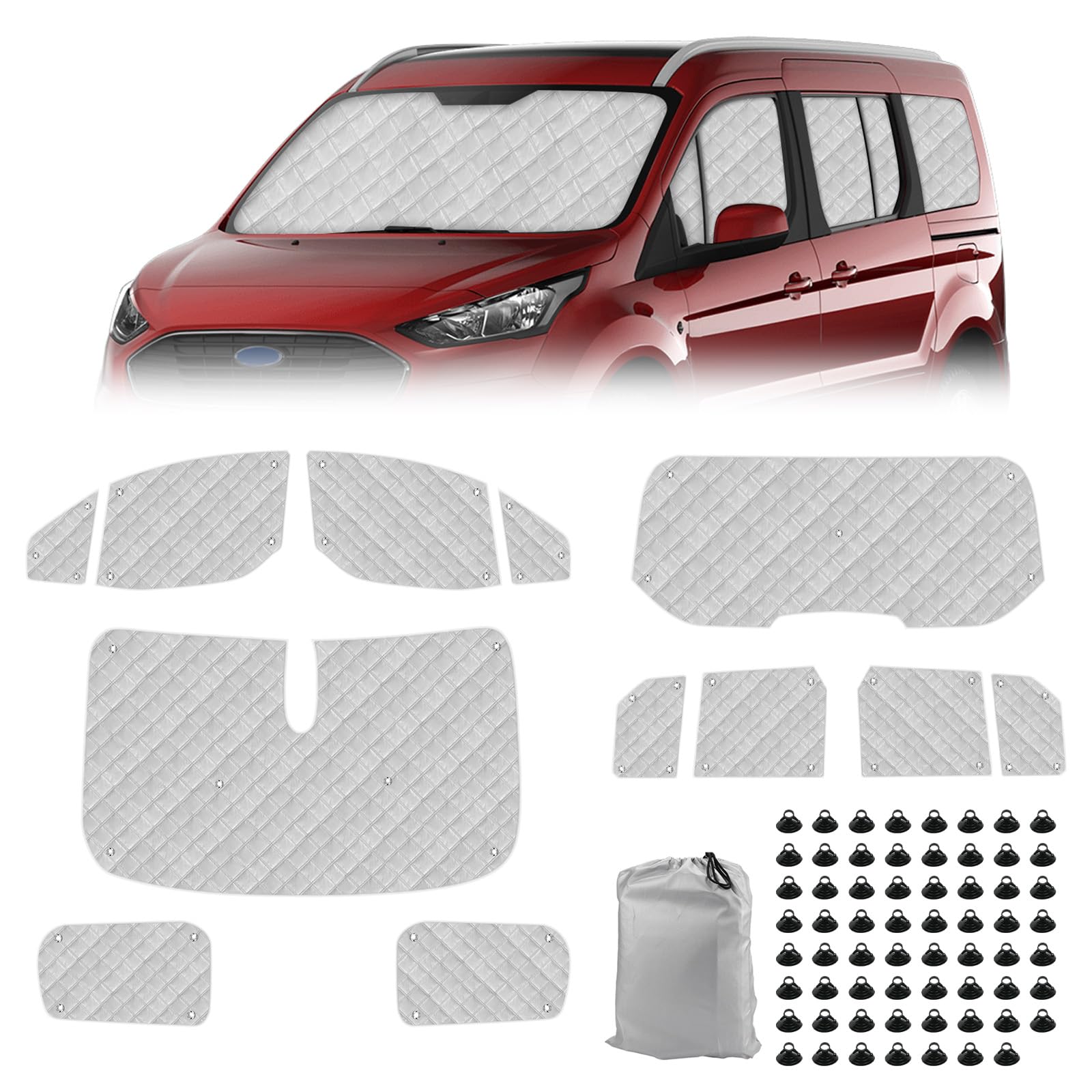 Photo 1 of Federedevo Ford Transit Connect Sun Shade 12-Piece Set 2014-2023 | Full Cabin Thermal Insulation Kit | Thermal Insulated Window Covers | UV Blocker + Privacy Covers (Front/Rear/Side Windows)