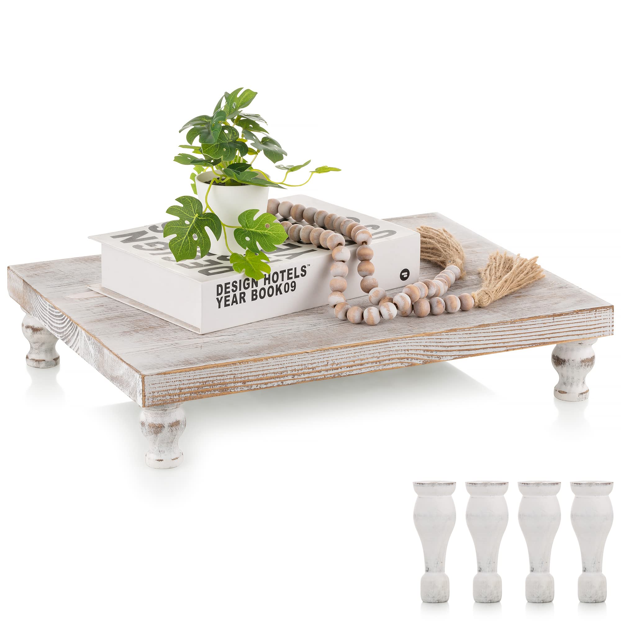 Photo 1 of Hanobe Wooden Riser Decorative Tray: Farmhouse Wood Pedestal Display Stand Rustic Whitewashed Tray Riser Centerpiece for Coffee Bar Kitchen Dining Room Home Table Decor, Short & Tall Footed