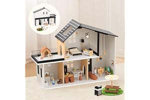 OOOK Modern Wooden Dollhouse with 60Pcs Luxurious Furniture Accessories, Including Dolls and Pet Sets, Doll House Toy for Boy