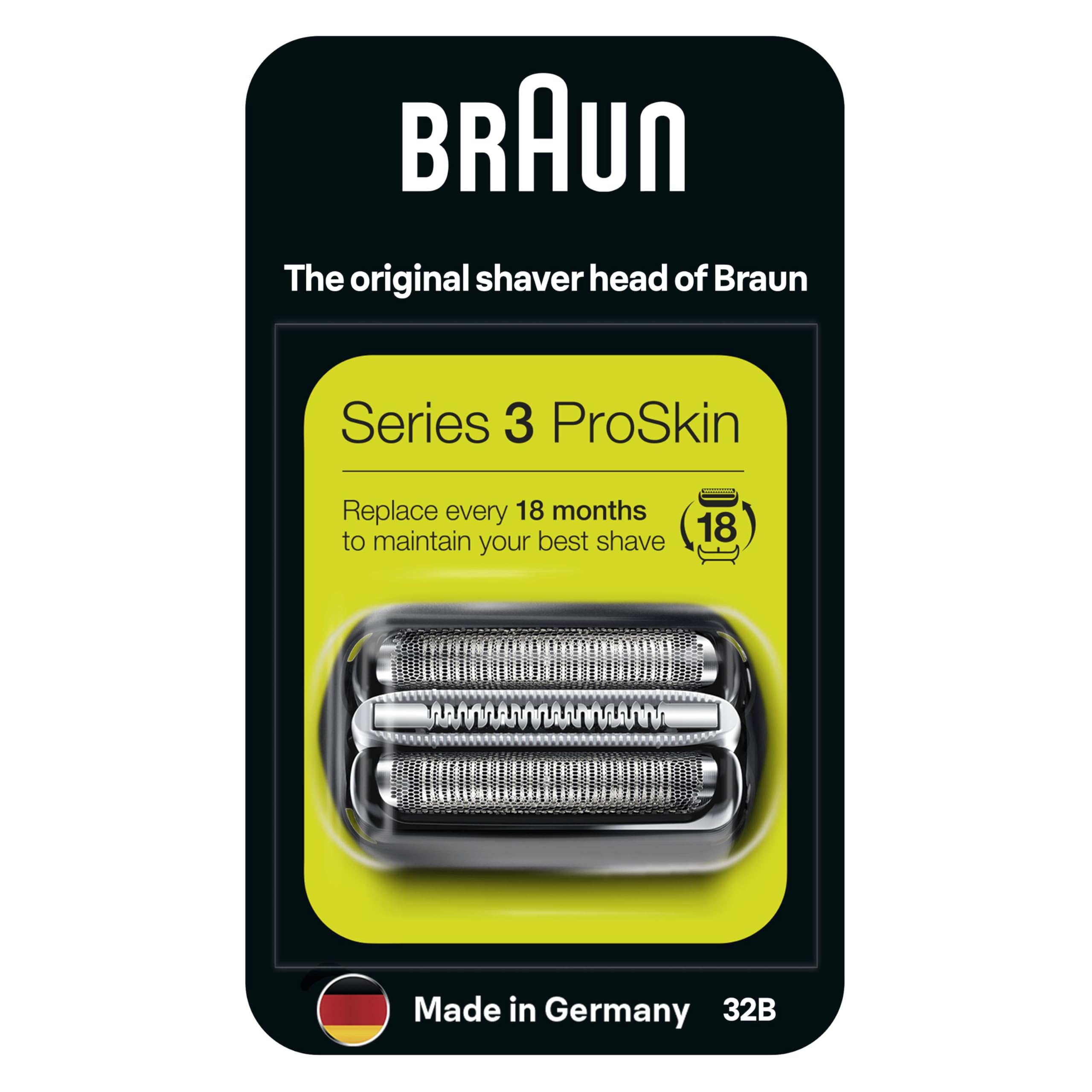 Braun Series 3 Electric Shaver Replacement Head, Easily Attach Your New Shaver Head, Compatible With All Series 3 ProSkin Electric Shavers, 32B, Black