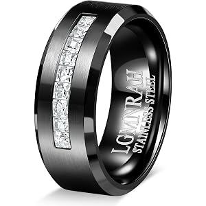 LGMNRAH 8mm Men Wedding Ring Silver Black Gold, Matching Couple Promise Engagement Ring with 9 Zircons, Brushed High Polished