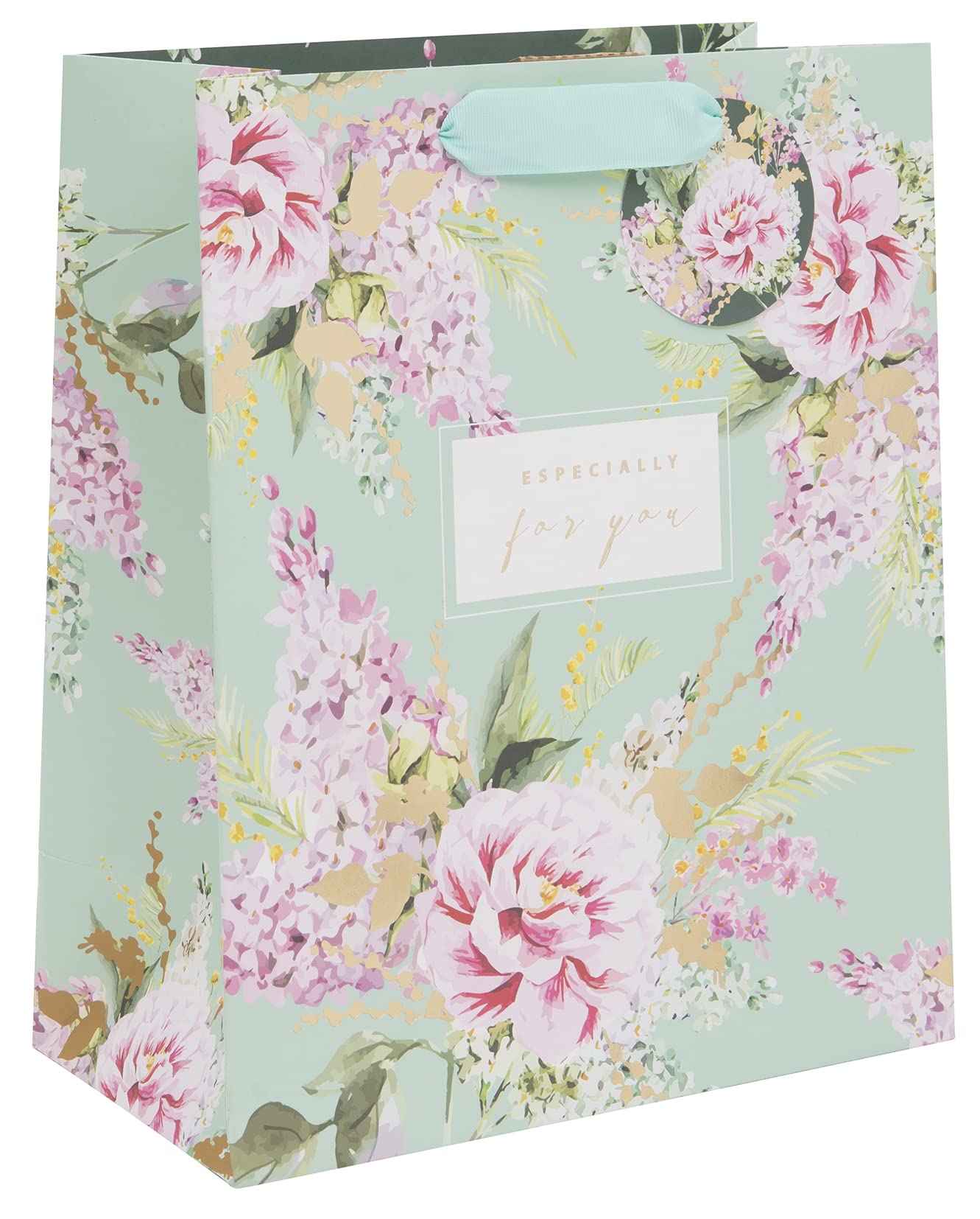 Glick GLST44 Luxury Gift Bag, Mint Green Large Celebration Birthday Wedding Stephanie Dyment Peonies/Foxglove Wrap Multi-Colour, 260w x 315h x 135d mm
