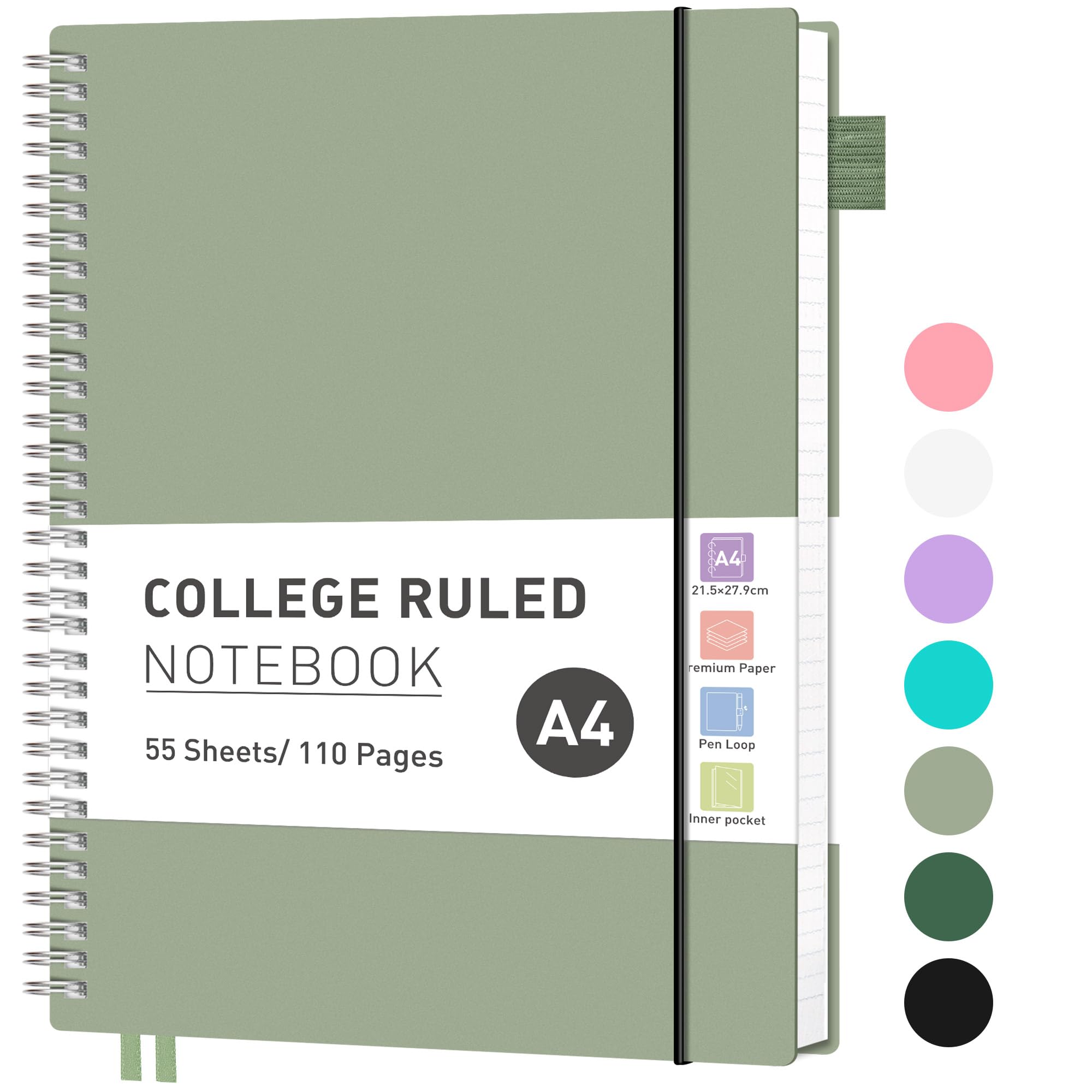 RETTACY A4 Notebook, Lined Wirebound Spiral Notebook College Ruled Paper 110 Pages for Writing, Journals for Women 100gsm, PVC Pocket, Pen Loop, Ruler, Bookmark, 21.5 x 27.9cm - Light green