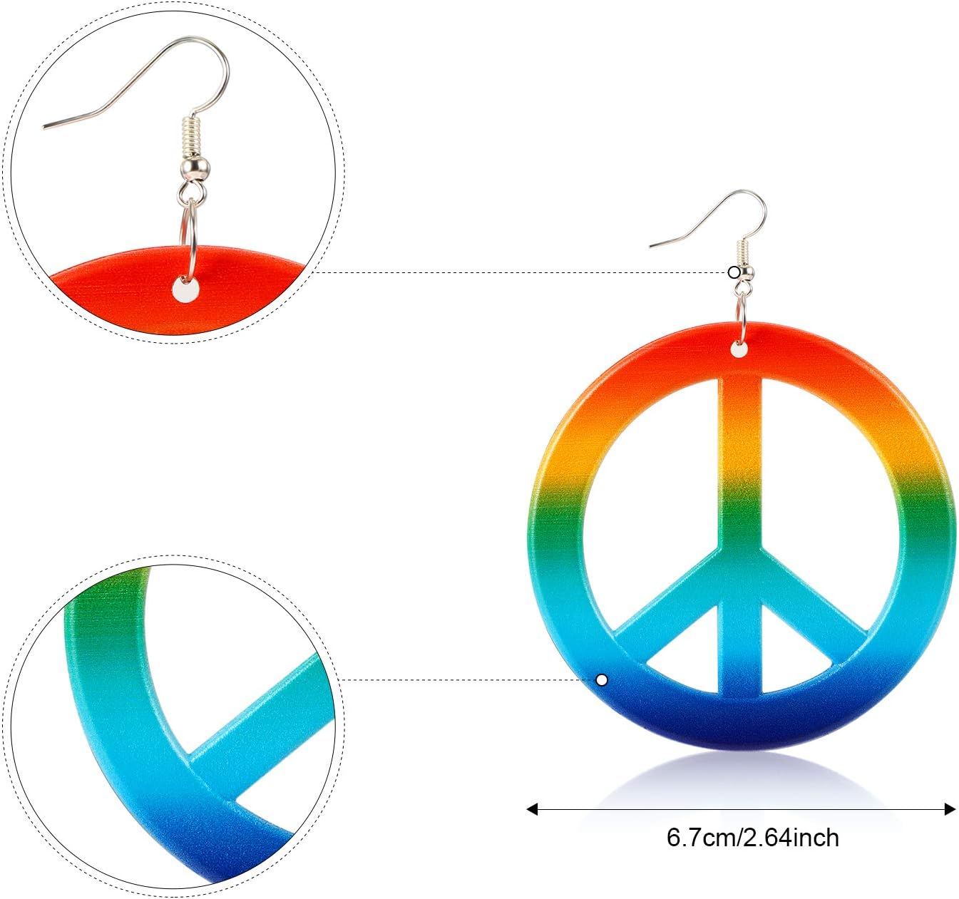 Hicarer Hippie Costume Set Include Sunglasses, Headband, Peace Sign Necklace and Earring (Rainbow Colorful Style) - Image 5