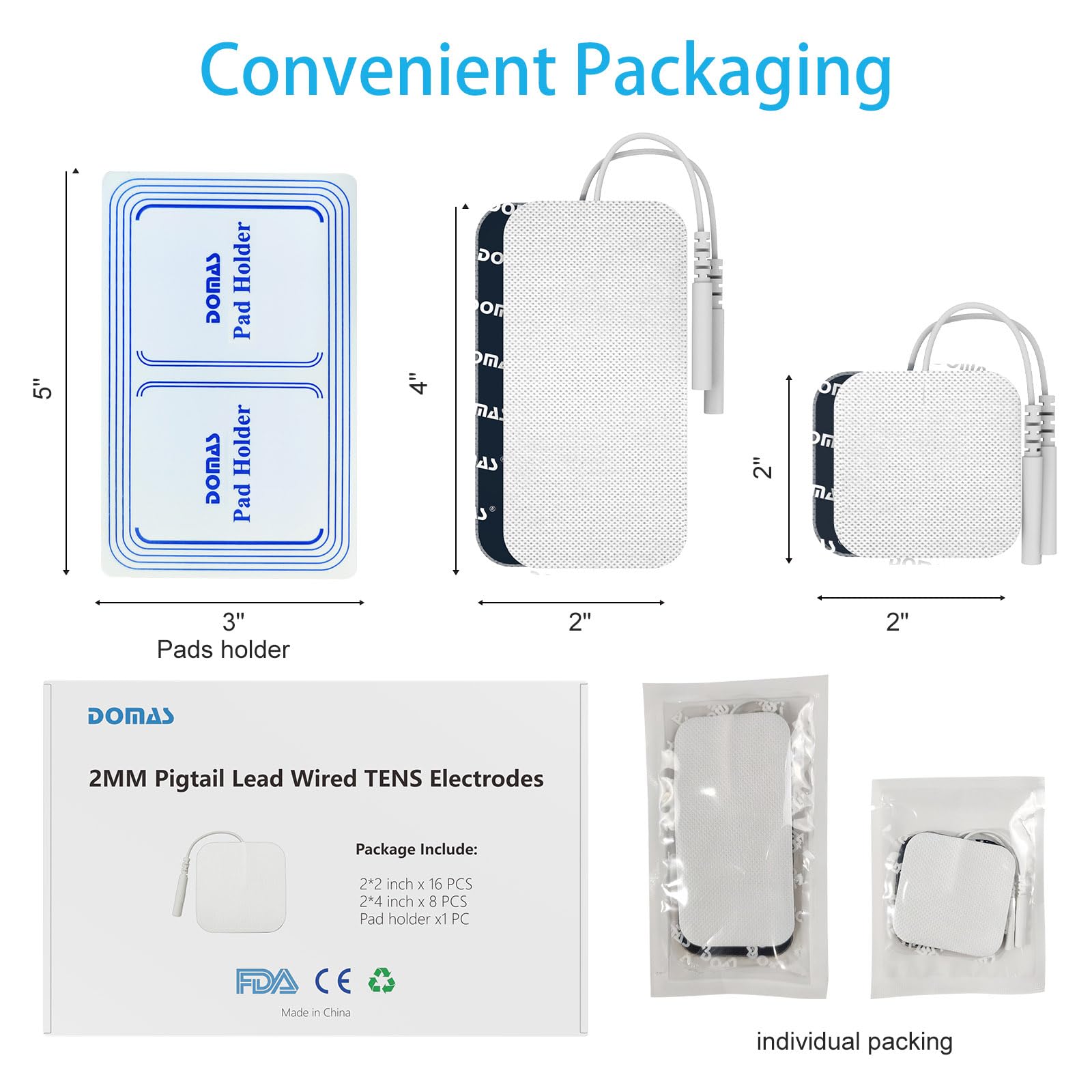 DOMAS 24 Pack 2x2&2x4 TENS Pads with Pad Holder, for TENS 7000, 30 Uses, Latex-Free, TENS Unit Electrode Replacement Pads Compatible with AUVON Etekcity & Other 2 mm Pin TENS Units