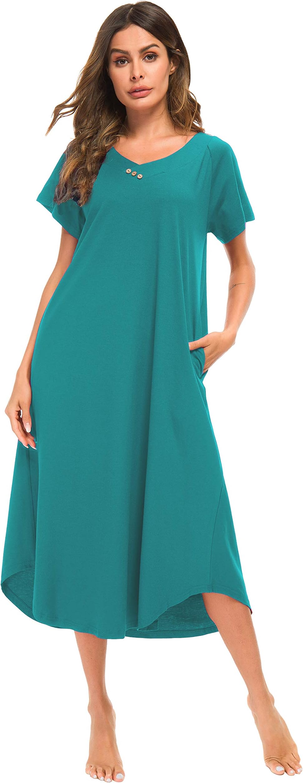 YOZLYNightgowns for Women Soft Cotton Long Nightshirts Short Sleeve House Dress with Pockets