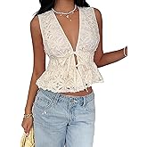 SHENHE Women's Deep V Tie Front Top Floral Appliques Sleeveless Ruffle Blouse Coquette Shirt