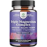 Triple Magnesium Complex Supplement - High Absorption Magnesium Glycinate, Malate & Taurate Blend for Muscles, Energy Support & Heart Health - Triple Mg Complex 400 mg Capsules - 120 Count