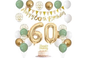 JOBKOO 60th Birthday Decorations for Men Women, Sage Green White Gold Birthday Balloons with Happy 60th Birthday Banner Birthday Cake Topper Number 60 Foil Balloon for 60 Year Old Birthday Party Decoration
