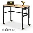 Goplus Work Bench with Power Outlet, 48” Adjustable Oak Wood Work Table w/Universal Lockable Wheels & Non-Slipping Footpads, 1760LBS Capacity, Heavy Duty Steel Workbench for Garage Workshop Home