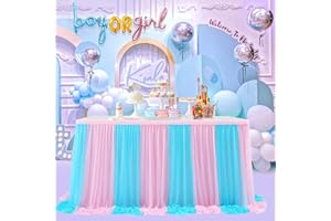SUPPROMO 6ft Pink and Blue Table Skirt for Gender Reveal Tulle Tutu Table Cloths Cover for Baby Shower Boy or Girl Birthday Party Dessert Buffet Banquet Table Decorations