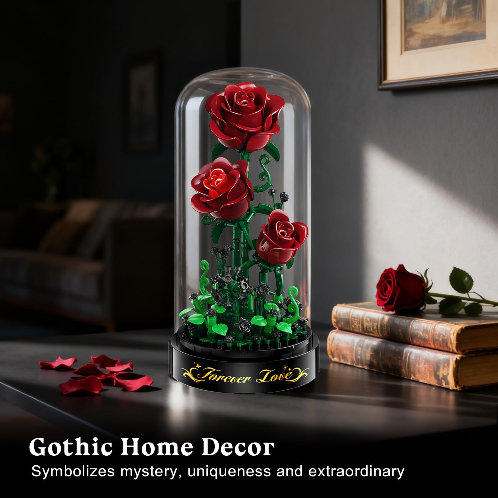 HiWEEGO Blumen Rosen Bausatz mit LED Licht, 241 Teile Burgunderrot Rosenstrauß, 3.6MM Blumenstrauß Baustein Spielzeug, Botanische Kollektion Valentinstagsgeschenk für Mädchen Erwachsene und Frauen 9