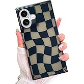 AIGOMARA Rectangle Checkered Phone Case for iPhone 16 with Screen Protector for Women Men, Cute Black Checkerboard Aesthetic Plaid Grids Design Hard PC Back Clear Protective Phone Case