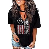 American Flag Shirts Women 4th of July V-Neck Short Sleeve Patriotic T-Shirt Color Block Short Sleeve Summer Tops