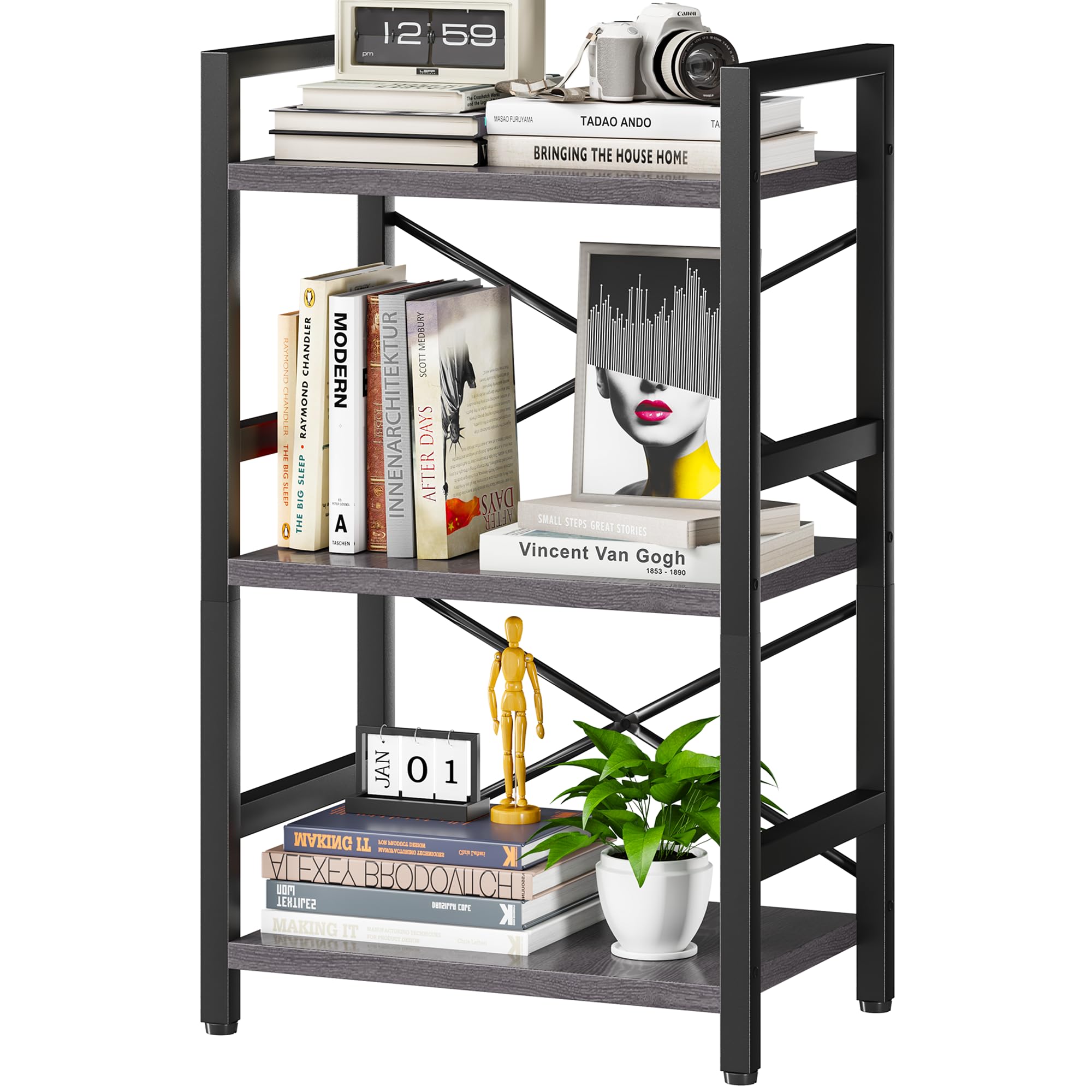 Photo 1 of Homeiju Bookshelf, 3 Tier Industrial Bookcase, Metal Small Bookcase, Rustic Etagere Book Shelf Storage Organizer for Living Room, Bedroom, and Home Office(Grey) Patent Pending D29873033