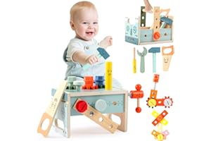 Asweets Kids Tool Bench,32 PCS Wooden Toddler Tool Set with Box,Montessori Toys STEM Educational Pretend Play Construction Toy Best Birthday Gift for 3 4 5 6 Year Old Boys Girls (Blue)