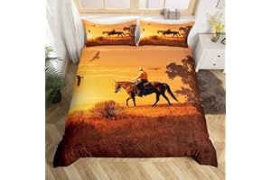 Homewish Horse Duvet Cover Set Queen Size Animal Theme Bedding Set 3pcs for Kids Boys Teens Room Decor Western Cowboy Comforter Cover Sunset Scenery Quilt Cover with 2 Pillowcases