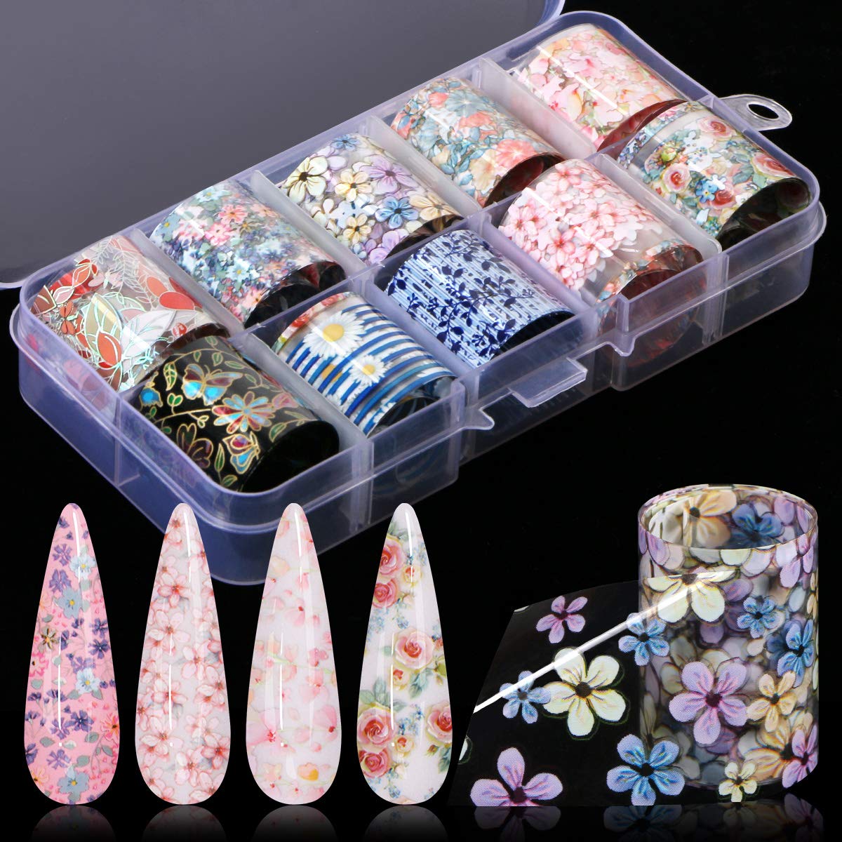 30 Color Nail Foil Transfer Sticker, Kissbuty Flower Nail Art Stickers Tips Wraps Foil Transfer Adhesive Glitters Acrylic DIY Nail Decoration, 3 Boxes (Flowers Starry Sky): Beauty