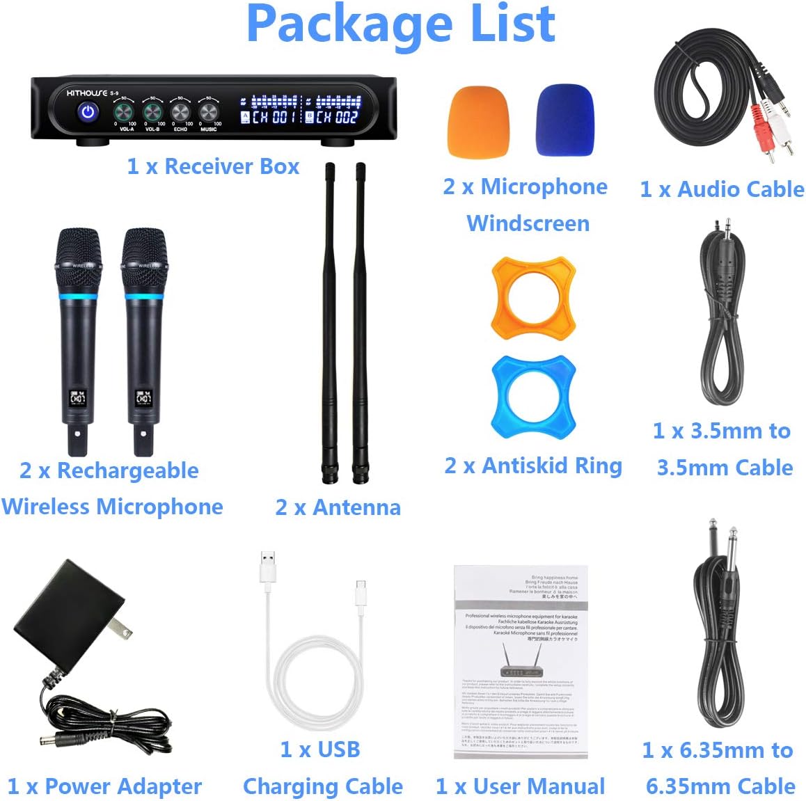 Kithouse S9 UHF Rechargeable Wireless Microphone System Karaoke Microphone Wireless Mic Cordless Dual with Bluetooth Receiver Box + Volume Control ECHO for Karaoke Singing Speech Meeting Church, 200FT