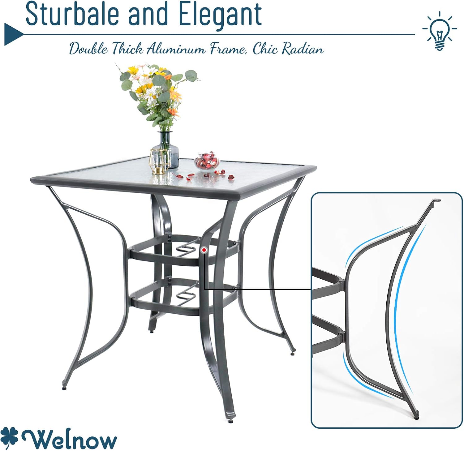 Welnow 36" Outdoor Patio Dining Bar Table Aluminum Square Bistro Table Height Bar Table Outdoor Furniture Garden Backyard Table, Ripple Tempered Glass Table Top with Umbrella Hole, Deep-Gray: Kitchen & Dining