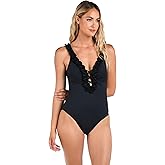 La Blanca Womens Island Goddess Ruffled Plunge One Piece Swimsuit