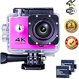 Action Camera 4K WIFI Sports Camera 12 MP Underwater Video waterproof Camcorder HD 1080P and 2 Batteries 170° Wide-Angle Pink