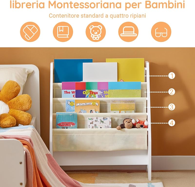 Libreria Montessoriana per Bambini Organizer con 4 Tasche in Tessuto Scaffale Porta Libri e Giochi, Portariviste a Terra Scaffale per Riviste Salvaspazio, Bianco 62x30x71cm FRG225-W