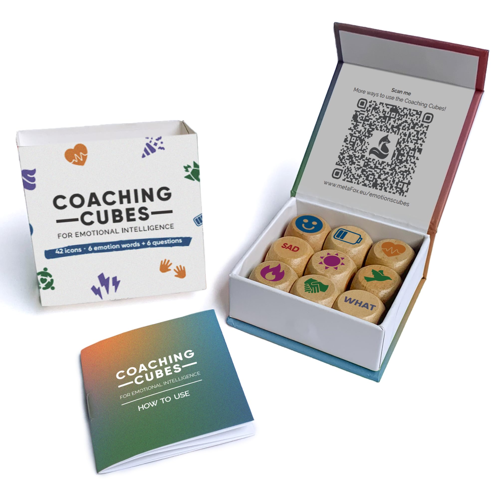metaFox Coaching Cubes for Emotional Intelligence - 9 cubes with Coaching Questions for Emotion, Personal Development - Use as Therapy Tools, Story Cubes, Conversation Cubes, Therapy Games