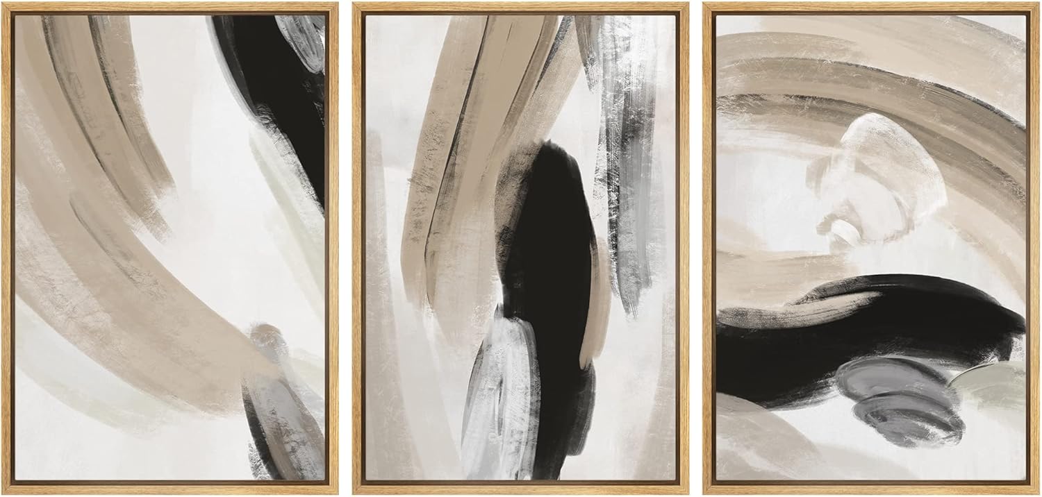 Wall Décor - SIGNFORD Framed Canvas Print Wall Art Set Duotone Black Tan Paint Strokes Abstract Shapes Illustration Modern Art Decorative Nordic Minimal Zen for Living Room, Bedroom, Office - 24