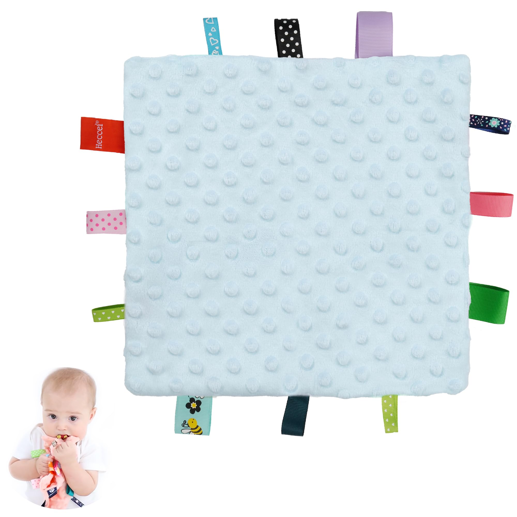 HECCEI Baby Tags Security Blanket, Baby Comforter Tag Blanket, 10 × 10 inchs Cozy Plush Blankets with Colorful Tags, Infant Appease Blankets for 3+ Months Babies Boys/Girls