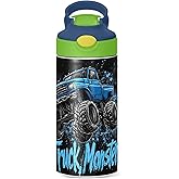 Monster Truck Black Kids Water Bottle with Straw and Carry Handle Racing Car Vacuum Insulated Stainless Steel Bottles 12 oz Green Lid Leak-Proof for Boys Girls Toddler 4-8 Years Old