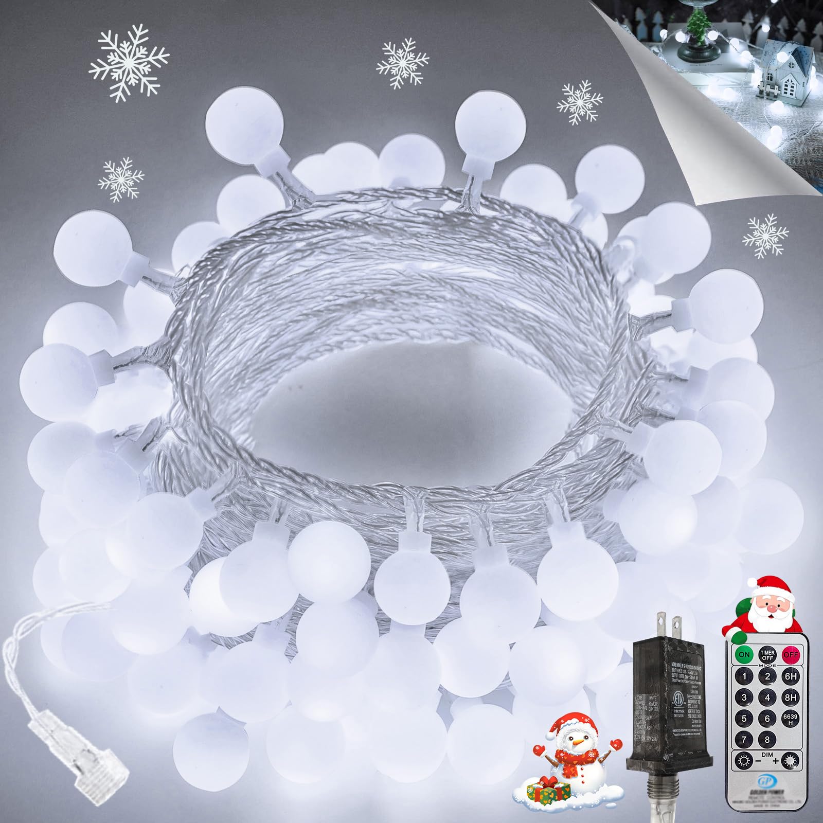 Photo 1 of 100LED Connectable String Lights Indoor Outdoor for Bedroom, 43ft White Christmas Lights with Remote & Timer, Plug in 8 Modes Waterproof Globe Fairy Light for Christmas Decor Room Classroom Wedding