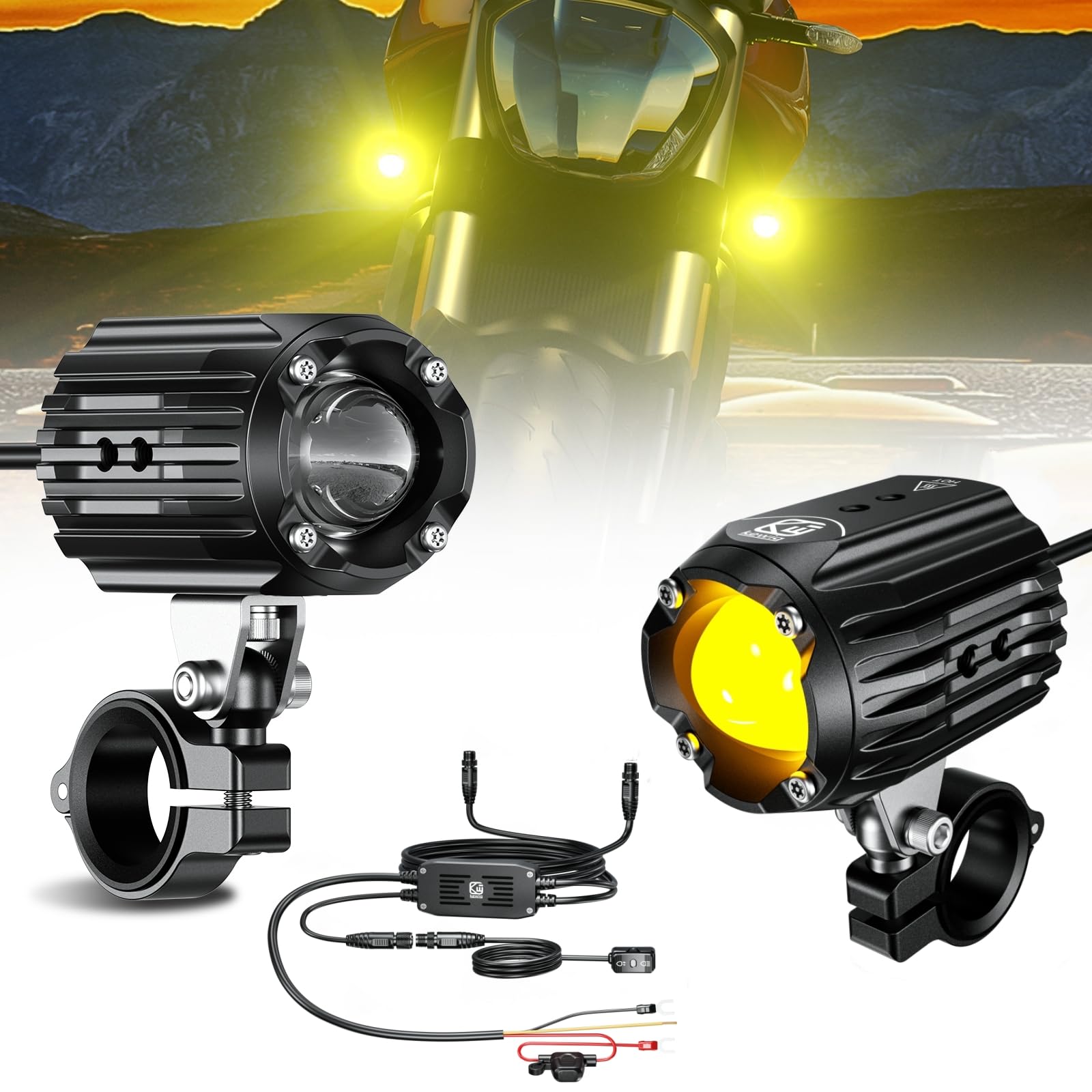 Photo 1 of Motorcycle Auxiliary LED Light Driving Spotlights White/Amber Fog Lights with Mount Brackets Wire Harness Waterproof Offroad Work Lights Compatible with Motorcycle J-eep Car Truck 60W Driving Lamps