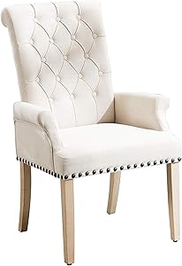 Accent Dining Chair Tufted Fabric Nailheads Trim Solid Wood Set (Beige-A)