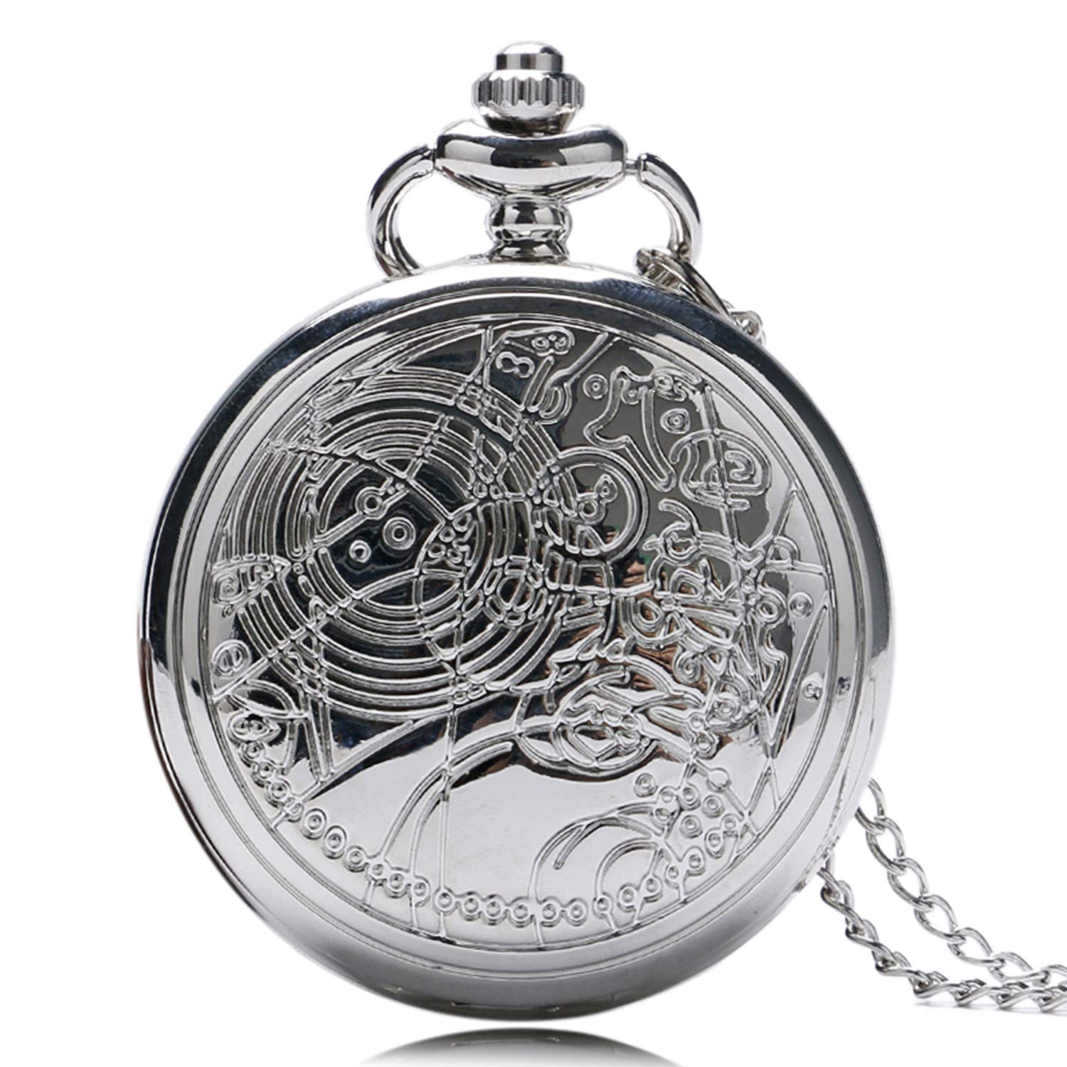 CokinkiDs Doctor Who Silver Pocket Watch Full Hunter Quartz Analog Necklace Pendant Watch for Men Women Xmas Gift - 1.8" Dial