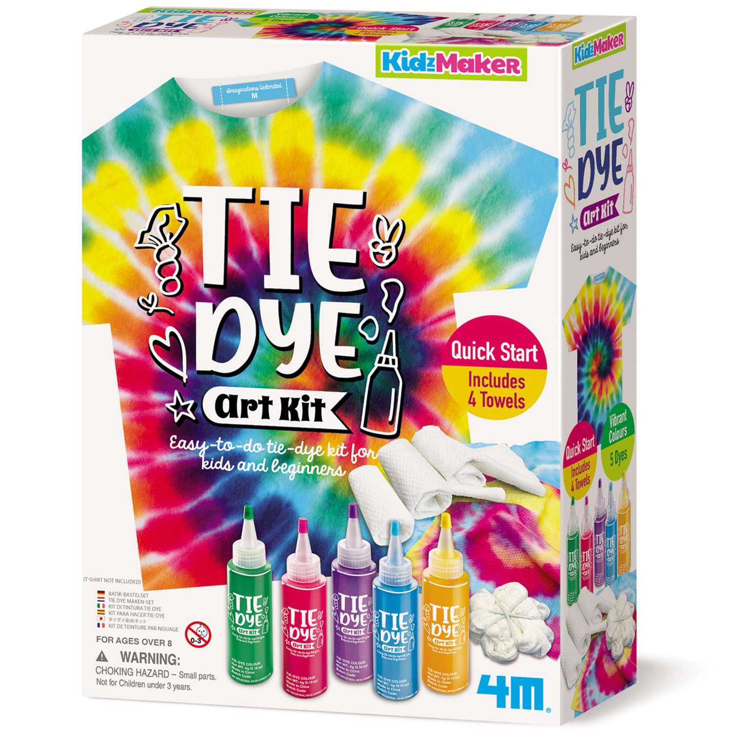 4M KidzMaker Tie Dye Art Kit | Creative Textile Craft Set with 5 Colourful Dye Bottles, Towels & Accessories | Fun Activity for Children | Arts & Crafts Gift for Kids Aged 8+ | Screen-Free Play