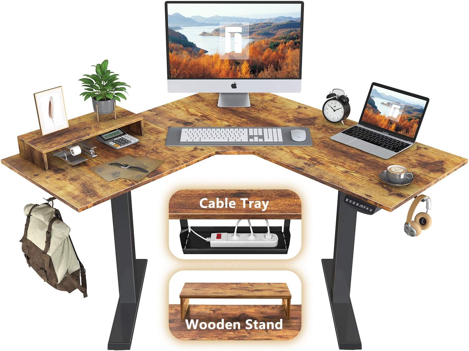 FEZIBO L-Shaped Electric Standing Desk, 48 Inches Height Adjustable Corner Desk, Full Sit Stand Home Office Table with Splice Board, Black Frame/Rustic Brown Top: Kitchen & Dining
