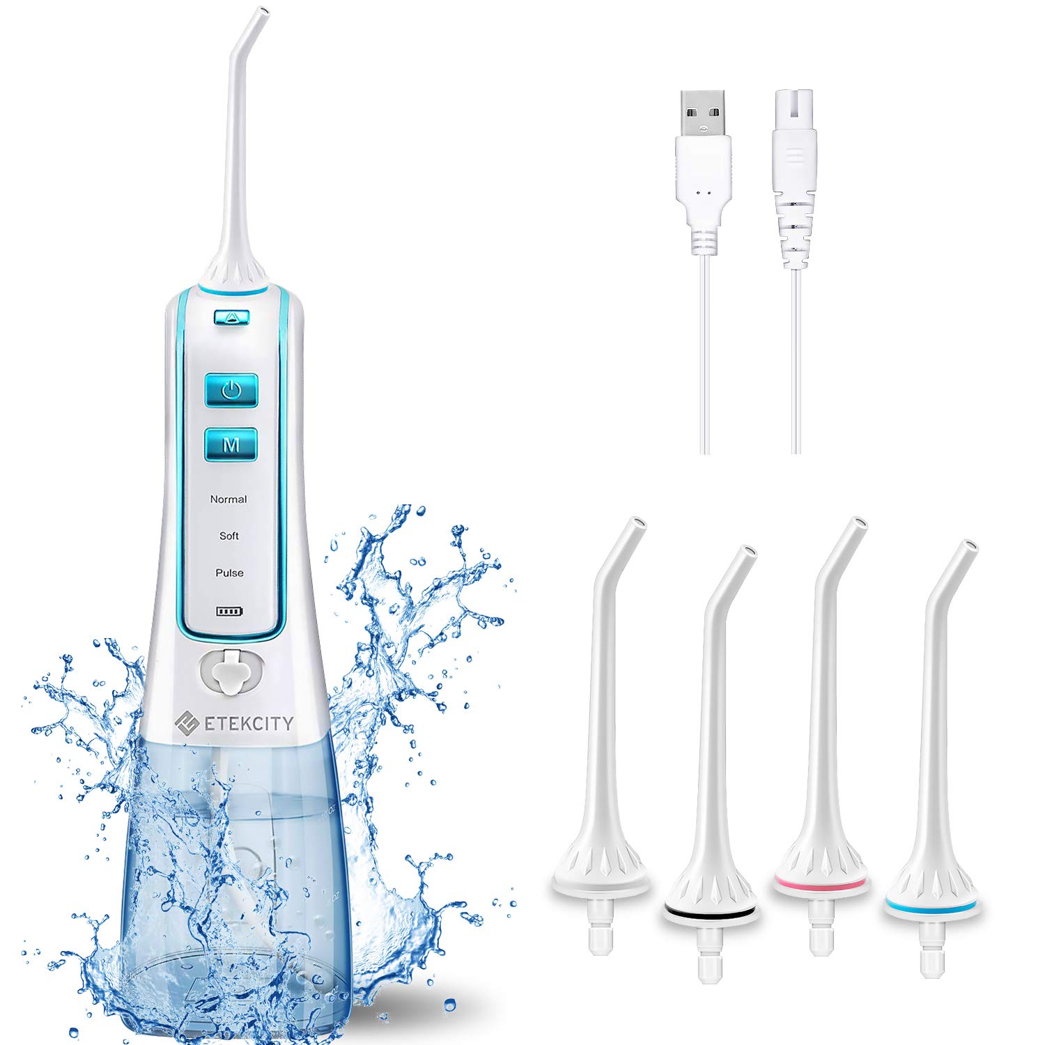 Water Flosser Cordless Dental Oral Irrigator, Etekcity Water Pick Teeth Cleaner, 300mL Portable and Rechargeable for Home Travel, 3 Modes for Braces, Plaque, IPX7 Waterproof, 4 Jet Tips, FDA Compliant