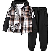 EDFTM 2Pcs Boys Clothes Zip Up Plaid Flannel Shirt Tops Pants Set Hoodie Sweatsuit for Fall Winter Spring Outfits