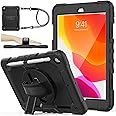 SEYMAC stock iPad 9th/ 8th/ 7th Generation Case 10.2’’ with Screen Protector Pencil Holder [360 Rotating Hand Strap] &Stand, 