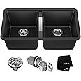 KRAUS Quarza 33-inch Undermount 50/50 Double Bowl Granite Kitchen Sink in Black Onyx, KGU-434B