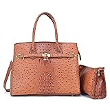 2 Pieces Set Ostrich Embossed Leather Satchel with