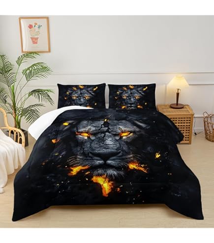Set di biancheria da letto con leone maschile, 3 pezzi, copripiumino per bambini, ragazzi, adulti, con stampa 3D, in morbida microfibra con cerniera, 1 copripiumino + 2 federe