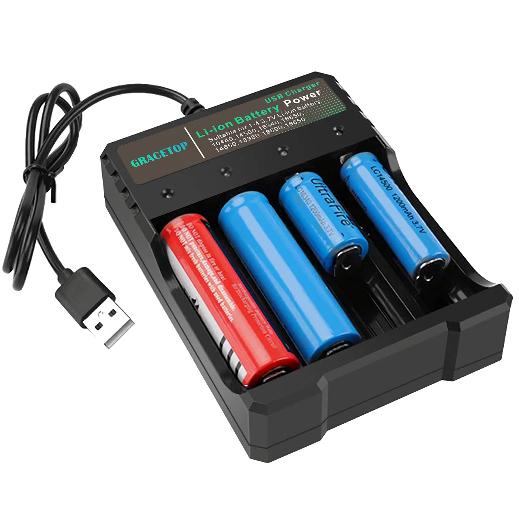 Photo 1 of 18650 Battery Charger 4-Bay 5V 2A for Rechargeable Batteries 3.7V Li-ion TR IMR 18650 14500 16340(RCR123) Red/Green Display (Not Battery)