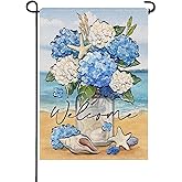 Artofy Welcome Spring Summer Flower Small Decorative Garden Flag, Hydrangea Floral Mason Jar Beach Coastal Yard Lawn Outside Decor, Nautical Conch Starfish Outdoor Home Decoration Double Sided 12 x 18