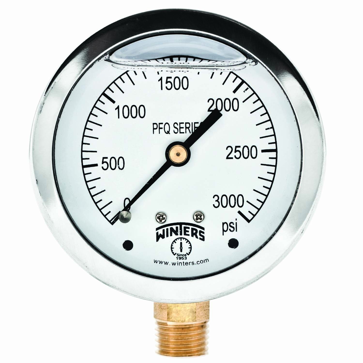 Winters PFQ Series Stainless Steel 304 Single Scale Liquid Filled Pressure Gauge with Brass Internals, 0-3000 psi, 2-1/2" Dial Display, -1.5% Accuracy, 1/4" NPT Bottom Mount