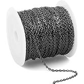 66 Feet Gunmetal Stainless Steel Cable Chains Bulk, 2.5 mm 304 Stainless Steel Black Flat Cable Links Chain Roll Spool for Jewelry Making DIY Craft