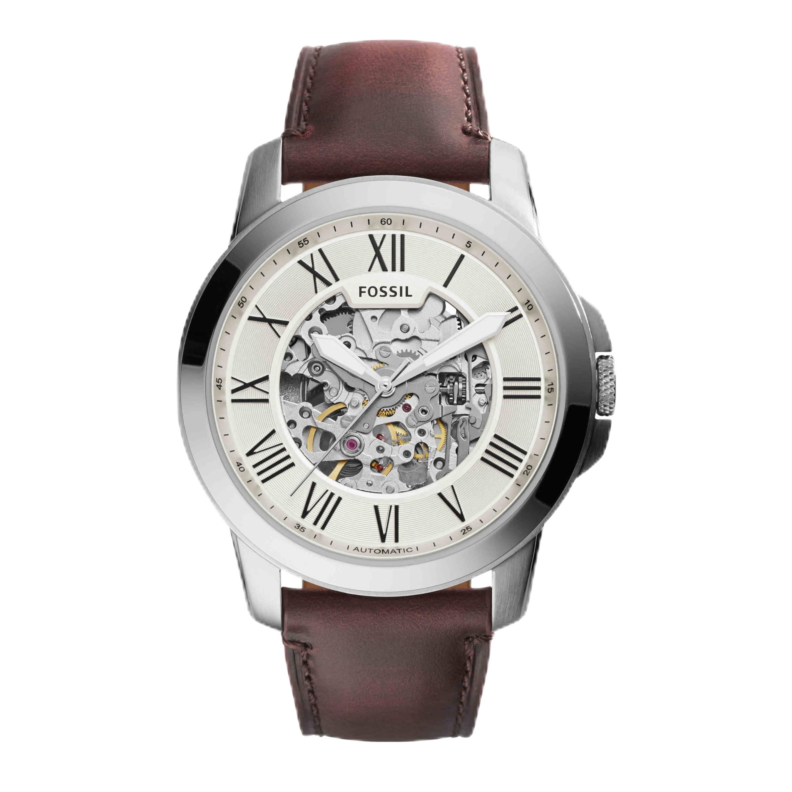 Fossil Herrenuhr Grant, mechanisches Automatikwerk, 45mm Silbernes Edelstahlgehäuse mit Lederarmband, ME3099