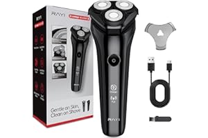 RAYI Electric Razor for Men, 90-Min Runtime, Type-C Fast Charging, Cordless Electric Shaver for Men with Stainless Steel 4D Rotary Blades, Low Noise, Portable Travel, Foil Shaver - Black